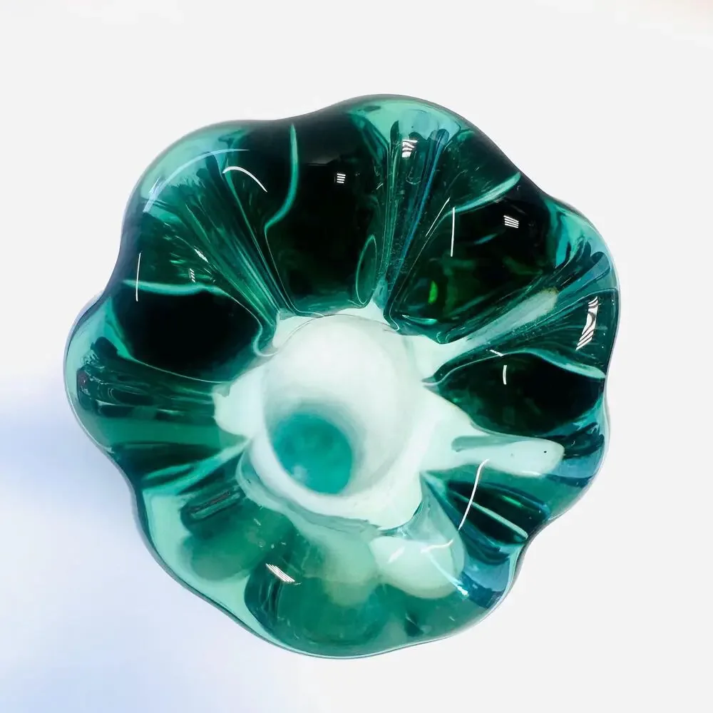 Vintage Fenton Glass Swung Bud Vase Blue Green Cabbage Pattern